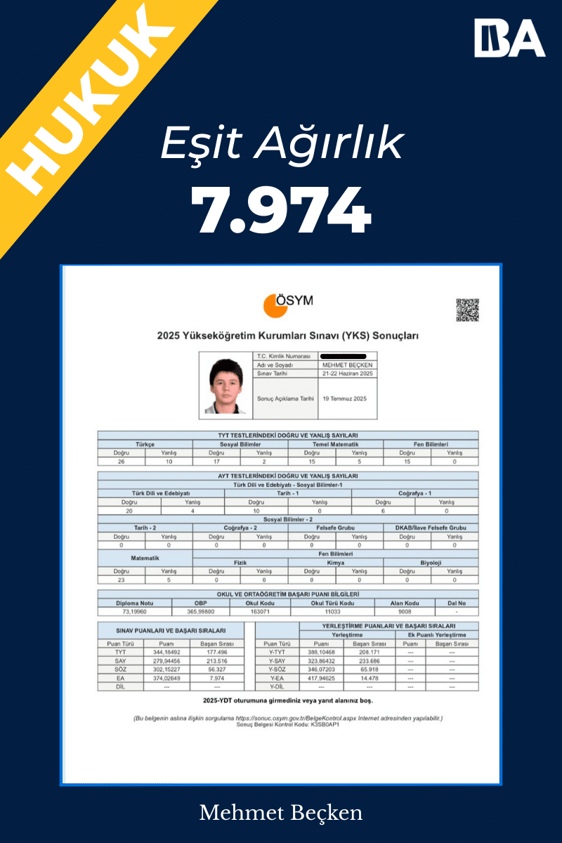 Mehmet Beçken YKS Başarı Sonuç Belgesi,Eşit Ağırlık 7.974,Hukuk